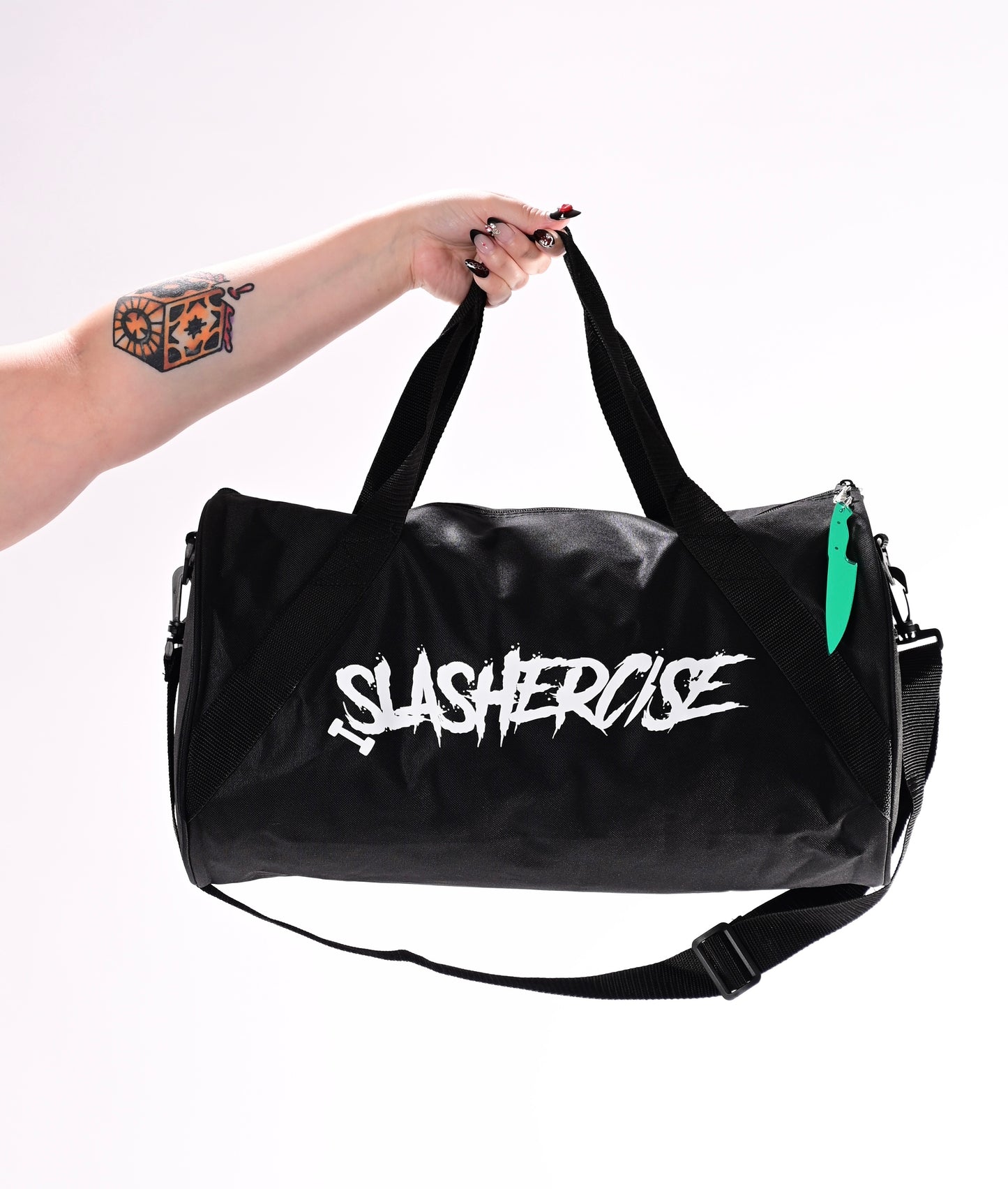 WHITE SLASHERCISE GYM BAG w/ KNIFE KEYCHAIN