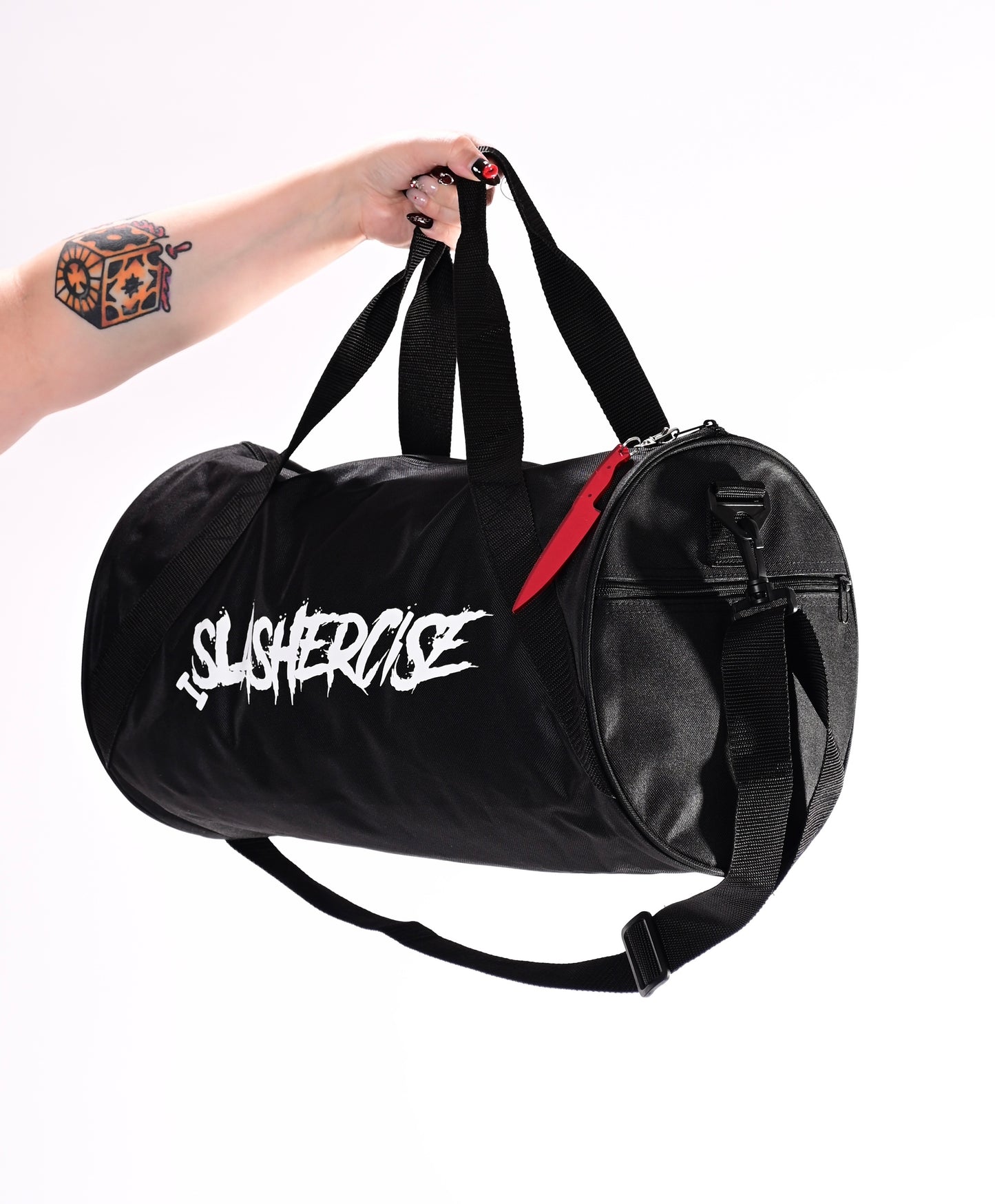 WHITE SLASHERCISE GYM BAG w/ KNIFE KEYCHAIN